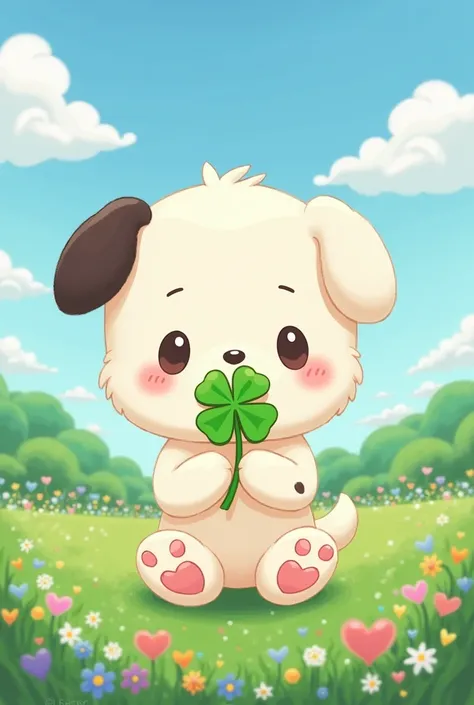 Pochacco from sanrio holding a four leaf clover