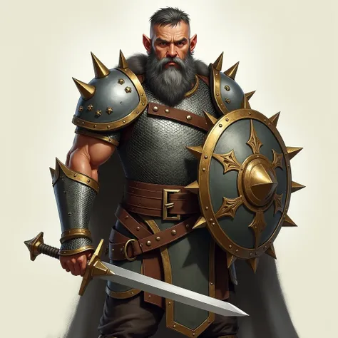 portrait of a fantasy halfling paladin. He has a big, gray beard, darker, short hair and brown eyes. He is wearing ringmail shirt. He is holding a sword and a spiky shield.