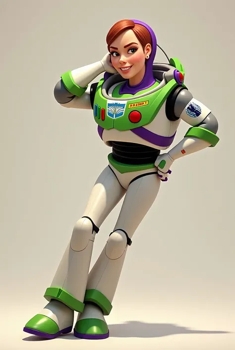 Buzz Lightyear lying with one hand on her waist and her head resting on the other like model. animation in the original style and full body with a neutral background