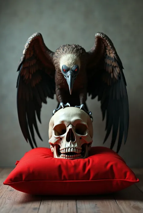 Make a scene where a skull is found on top of a red cushion  (head on)  and where on top of the skull's head is a vulture with its wings open and its claws on top of the skull