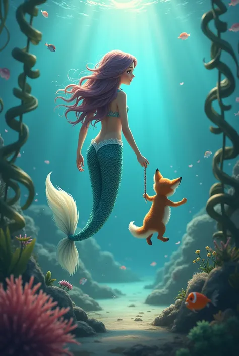 A mermaid with her mascot the fox cub, They went to La Mermaid's house together to play at the bottom of the ocean