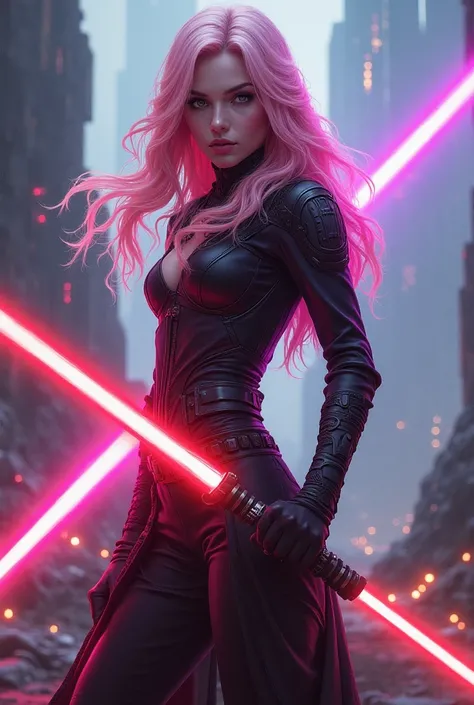 beautiful girl with long wavy pink  hair and sith eyes wearing star wars style outfit , holding red lightsaber  and purple lightsaber, star wars