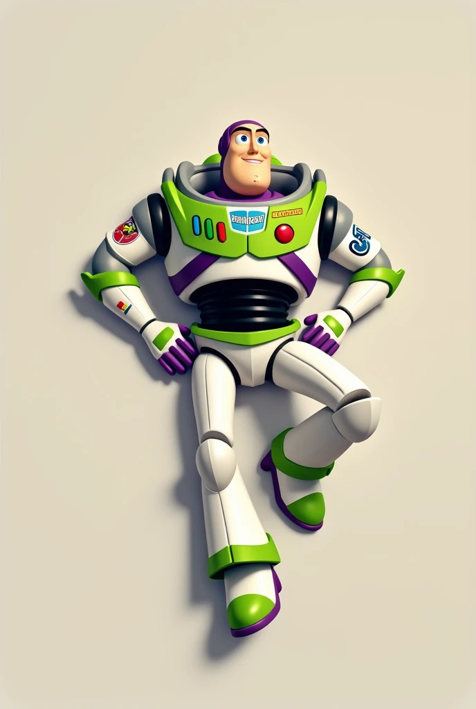 Buzz Lightyear lying on the floor, original design style, full body and neutral background. The character must be lying with one hand on the waist and the head resting on the other hand, one of the legs must be straight and the other bent, your body must f...