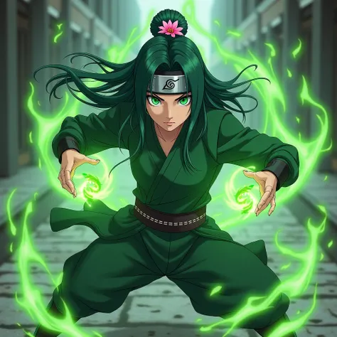 Anime Shinobi female wizard with green powers  , Long green hair and green eyes in battle realistic wallpaper bandan on the forehead with pink cherry blossom in the center of it like Naruto headbands 