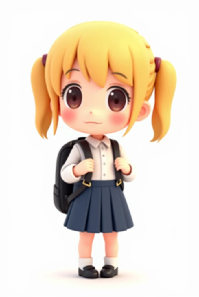 Create a three-dimensional animated Kawia Cute cartoon depicting a small kawaii girl with blond hair tied in two pigtails.  wears a White Shirt , With jumper a skirt with straps and pleats navy blue,  white socks and black shoes . holding the fasteners of ...