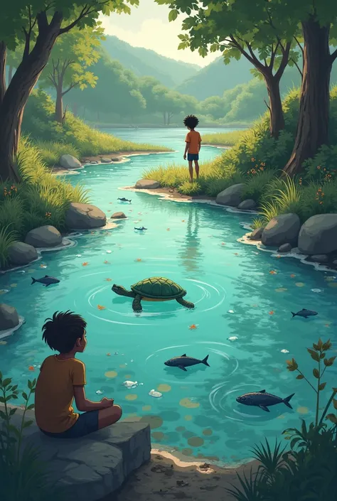 

#  SCENE 3 :  The change in water
Description :  The water begins to look cloudy and full of plastic .  The fish are struggling to swim .
 - Tina  (the turtle) appears, concerned:" The river is getting sick ,  We must act fast !"
 - Tomás : " We have to ...