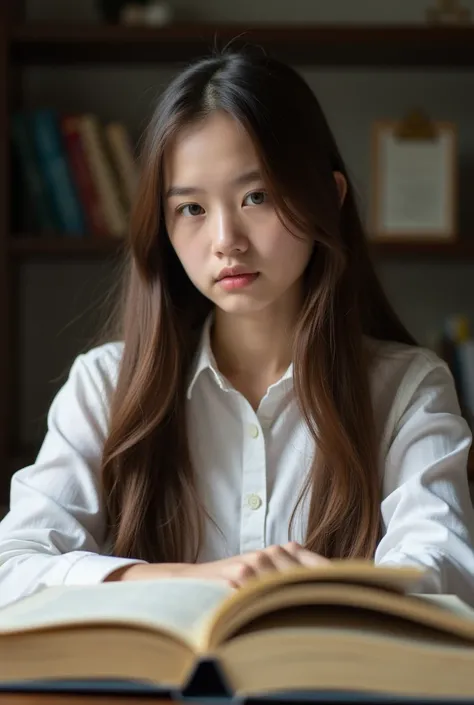 Photo of an 18-year-old girl in classic style. A girl with very long straight brown hair,Dressed in a white shirt, she has a math textbook in her hands