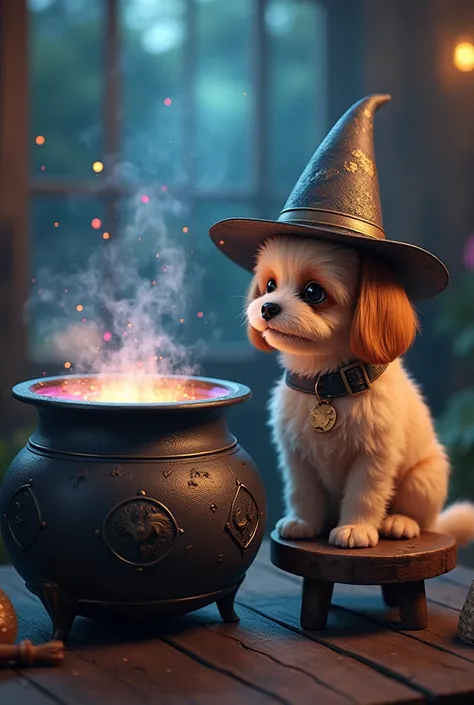 A little dog wearing a wizard hat ,  sitting next to a magic cauldron with lights and bubbles coming out.