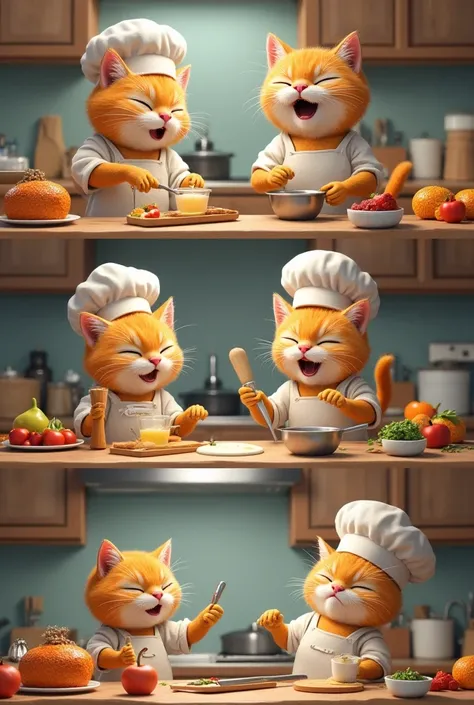 Stage-Specific Details:
Each stage should reflect the specific cooking activity with precise details about the cat's gestures, tools, and props.