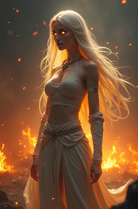 


---

Prompt:
" An ethereal and majestic woman in a dramatic setting . The camera is positioned at a slightly low angle,  capturing your imposing figure against a dark sky with orange tones and embers floating in the air.  She is standing with a confiden...