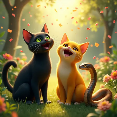 “An ultra-realistic scene in a lush garden, where the black cat, yellow cat, and snake are all united in an overwhelming moment of joy. The black cat, with sleek, glossy fur and vivid green eyes, stands next to the yellow cat, whose soft, vibrant fur radia...