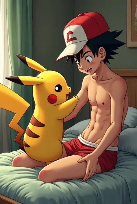 Ash Ketchum and Pikachu copulating bare shirtless bedroom