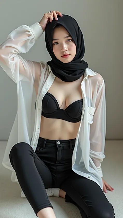 A full body photo of beauty and cute white skin korean girl wearing black modern hijab and wearing see through white unbuttoned shirt and black pushup bra and black cotton legging,she has big breast size, the girl kneeling down,the girl was undressing the ...