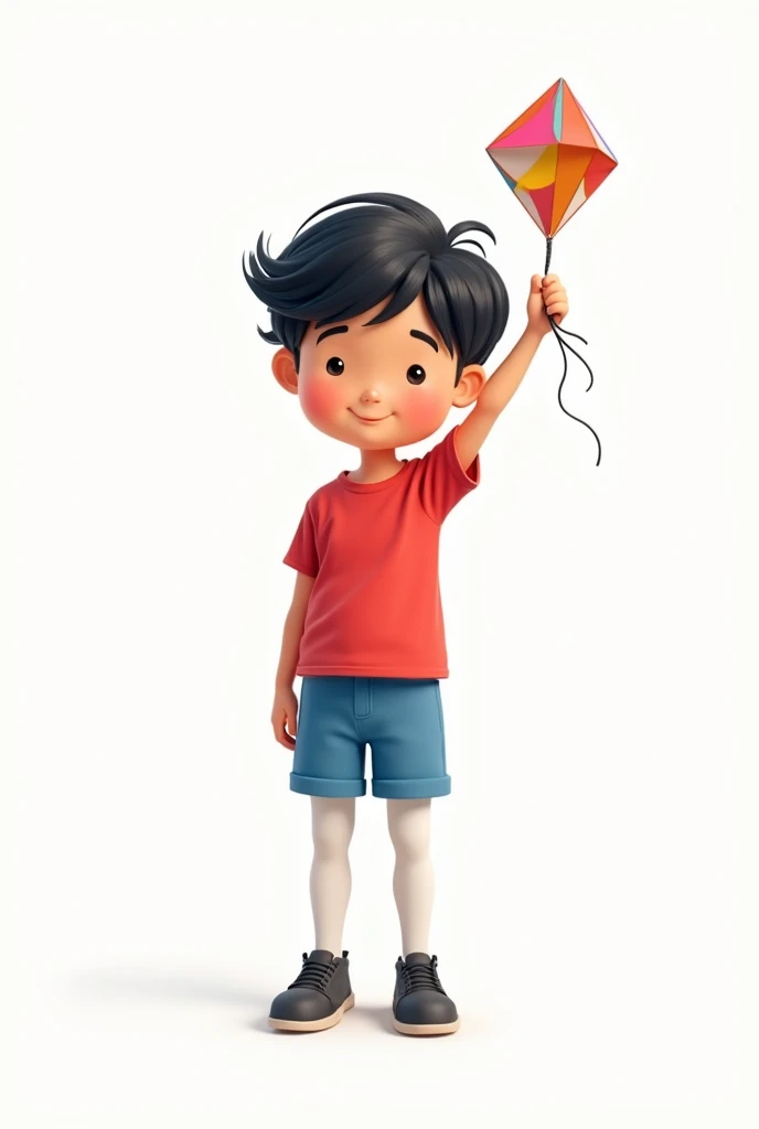  dressed in a red t-shirt, with blue shorts,  black shoes,  white tights , He has black hair and is holding a kite. (cartoon on white background)