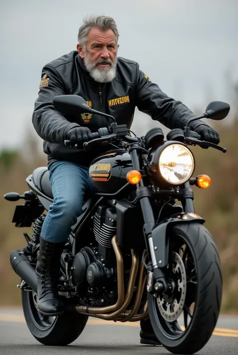 Create an image of a man in the 50-year-old age group  ,with short gray beard , of athletic-looking origin riding a 650-cylinder black Hyosung Mirage motorcycle , wearing jeans, black leather military boots and a black leather jacket with the insane saying...