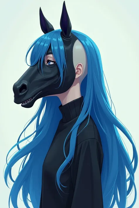 A girl with long blue hair and one side of her shaved anime-style hair disguised with a horse mask all over the girl's head
