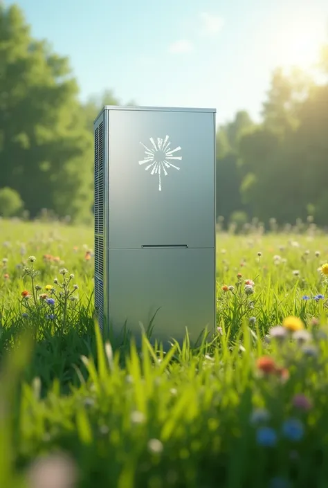 une pompe à chaleur au milieu d’une prairie avec un symbole d’énergie renouvelable