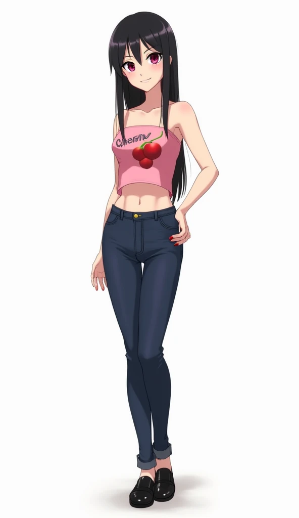  Japanese anime teen woman with long straight black hair and intense magenta eyes and red nails and wears a short pink top with the word "cherry" and a sleeveless and strapless cherry design on the front. She also wears tight dark blue jeans with shiny bla...