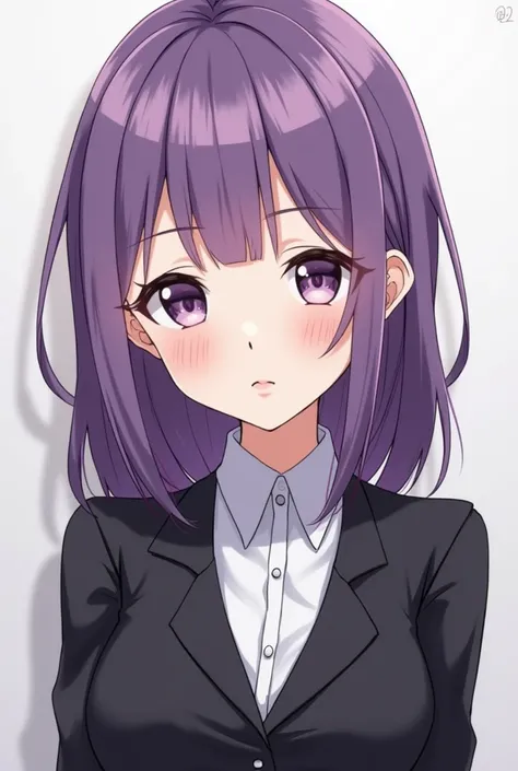 anime girl with purple hair and black suit and white shirt, a character portrait inspired by Munakata Shikō, tumblr, shin hanga, anime moe artstyle, misato katsuragi, anime style character, in an anime style, anime style portrait, flat anime style shading,...