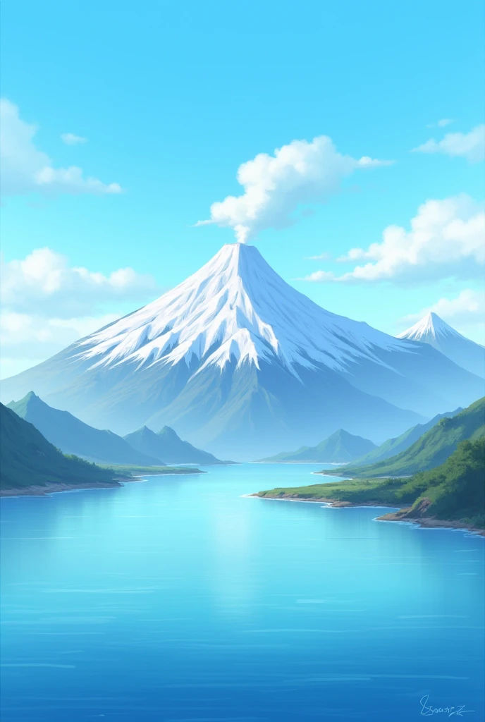 It has a clear background, sea, mountain and volcano 