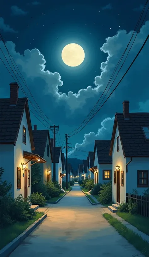 an artistic painting, an illustration, of a neighborhood street with humble houses around, at night, full moon