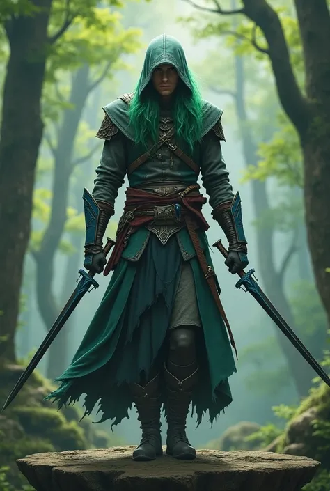 Green-haired elf, Wearing Assasins Creed clothing in gray but without a hood.  Carrying a sword in each hand, black swords with blue details and closed blade. He's in a forest that's on a floating platform.