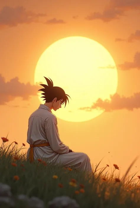 Do Goku sitting in front looking at the sun in a white outfit