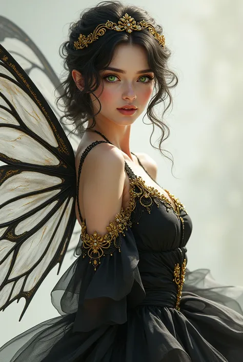 Beauty fairy in black vector, white and gold with green eyes.
