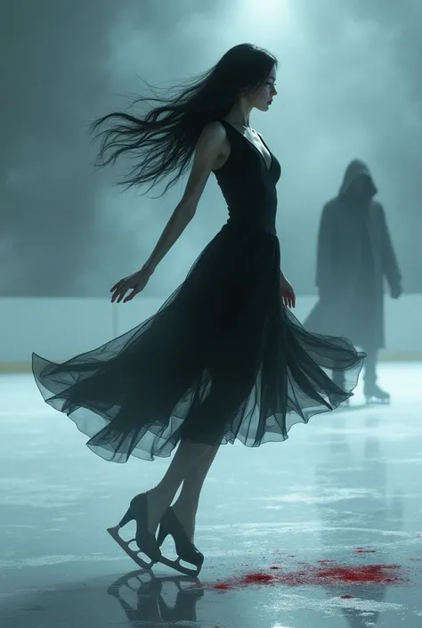  ice skater ,  Black hair,  black dress, hooded man, mist, blood