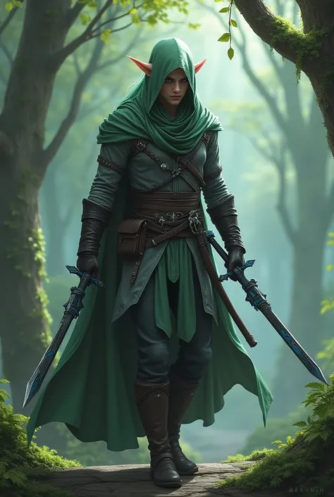 Green-haired elf, Wearing Assasins Creed's gray clothes but not wearing a hoodie. Carrying a sword in each hand, black and long swords with blue details and serrated blade.  he is in a forest that is located on a floating platform.