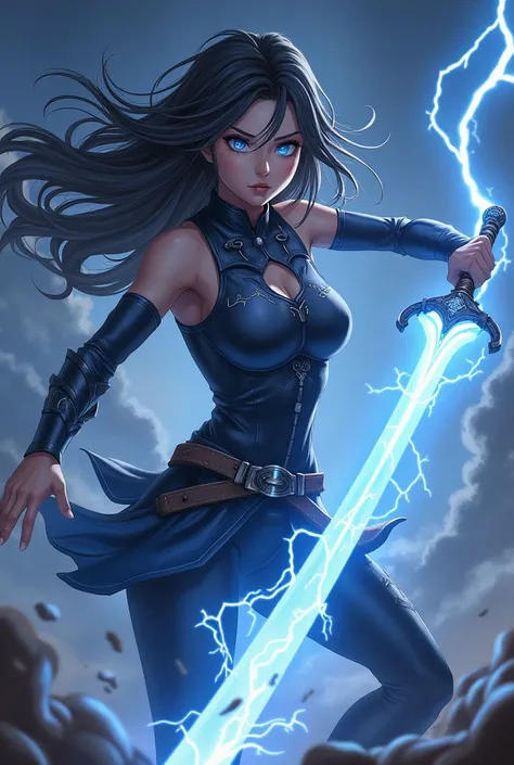 A dynamic anime-style illustration of a powerful woman pulling a lightning sword from the ground. She has long, flowing hair that billows in the wind, and her determined eyes glow faintly with energy. The sword crackles with vibrant blue lightning that ill...