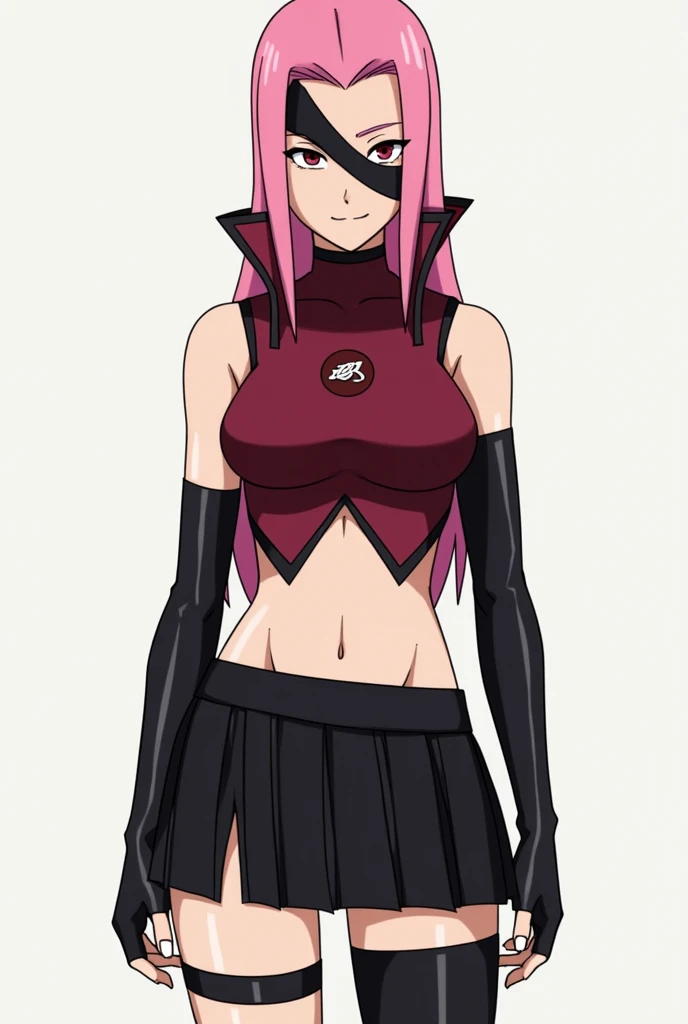 

The woman, named Mori Amaya, has a striking and distinct look that reflects her ninja identity. 

Her **hair** is long and straight, with a vibrant pink color that flows down past her shoulders. It is styled neatly, with a sharp strand framing one side o...