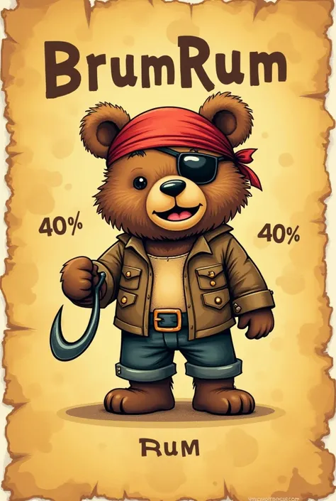 make a picture where the background is an old yellow sheet of paper, in the middle is a pirate bear with one eye covered, his left hand is a hook hand, "BrumRum" is written towards him, "40%" should be in the lower left corner, "40%" should be in the lower...