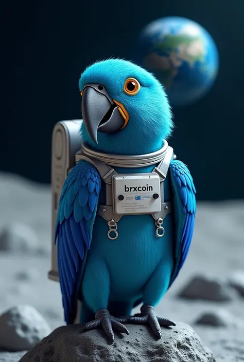 Blue macaw on the moon with astronaut uniform written Brxcoin 