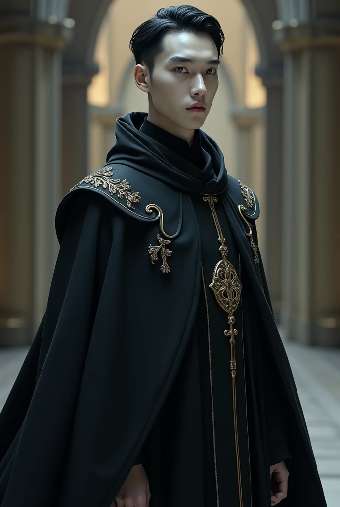  Create a male priest, high,  white skin , Very light blue eyes,  short black hair, With black priest's gown 