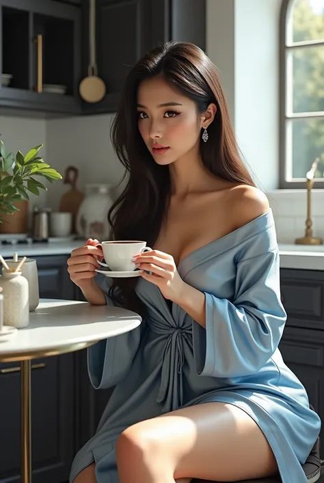  Thai woman sitting at white kitchen table enjoying hot coffee. length,  straight,  textured hair .  thick eyeliner and long ,  thick black lashes on chest .   blue and white silk evening dress and robe 、 Thai woman wearing stylish shiny white slippers , I...