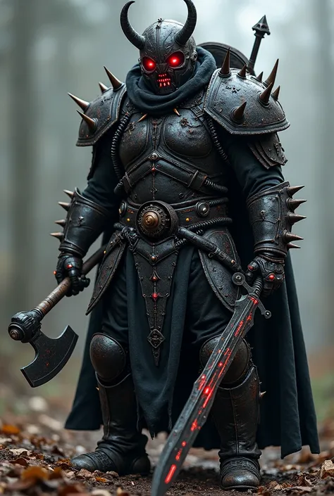 black Viking type armor without layers and red details a beast-shaped helmet with small horns and robotic and post-apocalyptic details with details on the cuffs such as spikes and armor plates and having two blades similar to small axes tied to a chain aro...