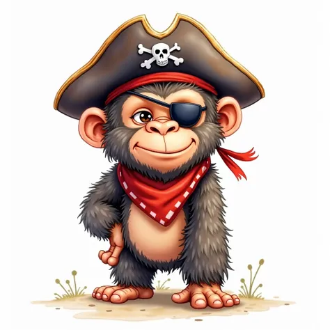 Pirate theme High quality image,  Watercolor style, cute young gorilla , ren's version , white background, 