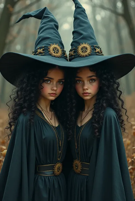 Create me two twins with curly black hair , Wearing a witch hat with two wolves on the side and the sign of Gemini