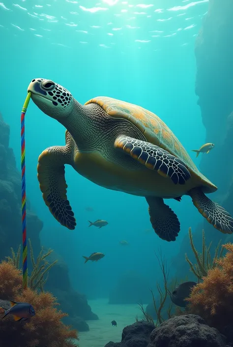 Turtle eating plastic straw 