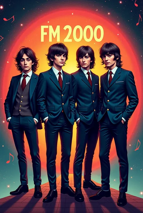 Create a logo for a Beatles-like rock band that says FM 2000 