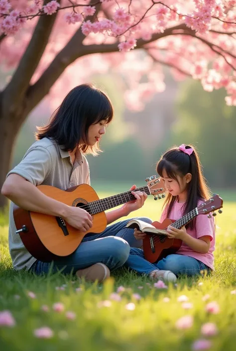 A chinese man with long hair to shoulders is playing guitar, next to him is his Ukrainian wife, she is. Reading a book, next to them is their daughter who is learning to play ukulele. They are in the garden, Sakura is blooming