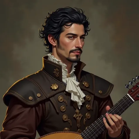 portrait of a fantasy human bard. He resembles Jaskier from the Witcher games. He has dark, short hair, small beard and curled up mustache. He is wearing elegant doublet and leather armor. He is holding lute.