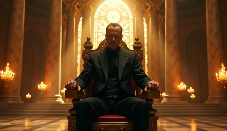 A highly realistic cinematic photograph of a mysterious political leader sitting on the throne of Solomon's Third Temple, his face hidden in shadow. He wears an impeccable black suit, with an elegant and tailored cut, conveying authority and absolute power...