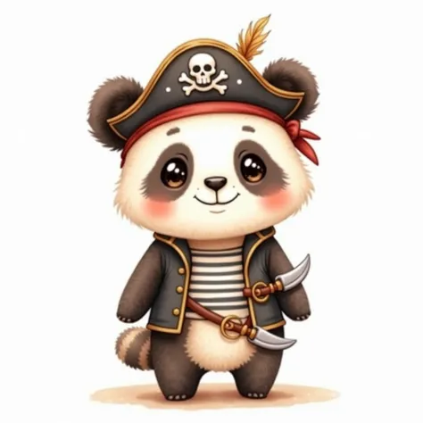 Pirate theme High quality image,  watercolor style, cute young panda , ren's version , white background, 