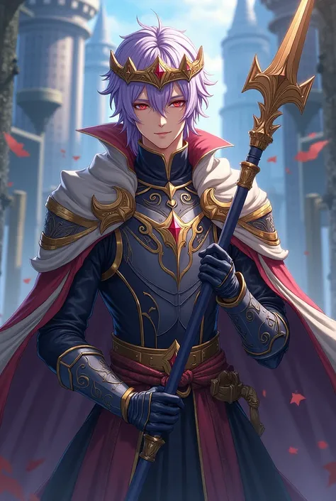 A male anime character dressed as a prince with a spear with red eyes, light purple hair  