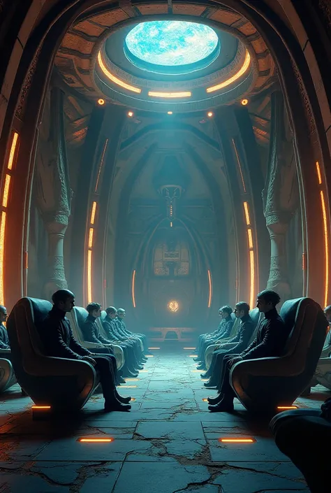 {
  "prompt": "A futuristic council chamber with Kurs aliens seated in high-tech chairs, discussing their mission on Earth. The setting is illuminated by copper and blue light, with intricate alien architecture.",
  "size": "1024x1024"
}