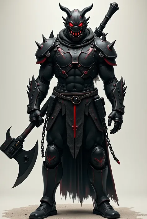 full body black warrior armor without cape or any other cloak and with red details a beast-shaped helmet with small horns and robotic and post-apocalyptic details with details on the cuffs such as spikes and armor plates and having two blades similar to sm...