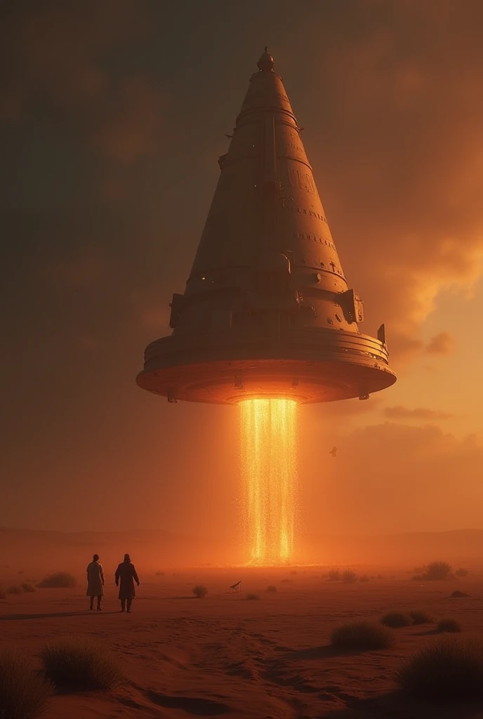 {
  "prompt": "A dramatic representation of the Kurs' return to Earth, with their spacecraft landing in a vast desert. The scene is illuminated by a glowing copper-like light emanating from the ship, creating a sense of awe and mystery.",
  "size": "1024x1...