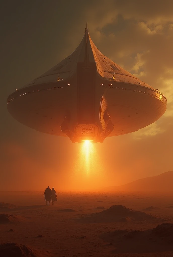 {
  "prompt": "A dramatic representation of the Kurs' return to Earth, with their spacecraft landing in a vast desert. The scene is illuminated by a glowing copper-like light emanating from the ship, creating a sense of awe and mystery.",
  "size": "1024x1...